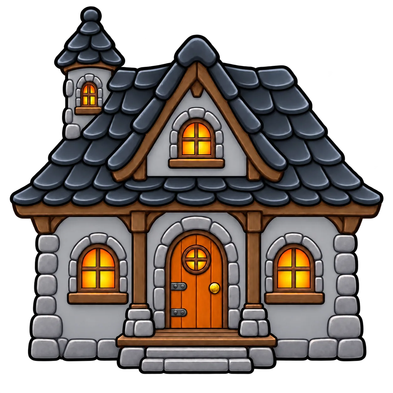 A cute haunted house decorated with jack-o'-lanterns, ghosts, bats and Halloween treats